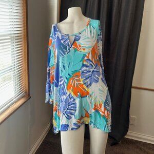 Ruby Rd Blue/Orange/Green leaf print peep hole front tunic, size XL